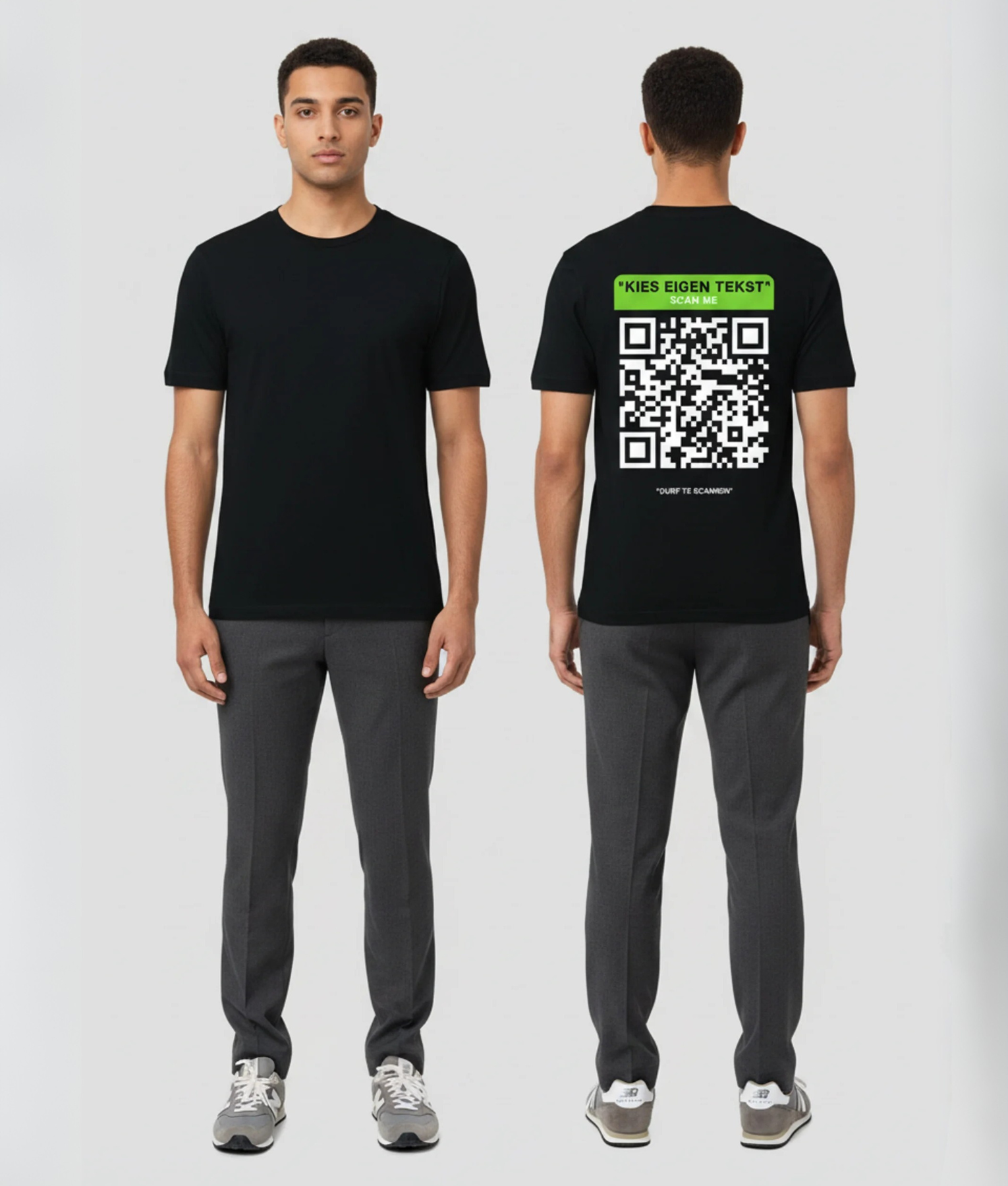 Zwart unisex T-shirt voor- en achteraanzicht gedragen door mannelijk model met groene Kies Eigen Tekst banner en grote zwart-witte QR-code personaliseerbaar op de rug