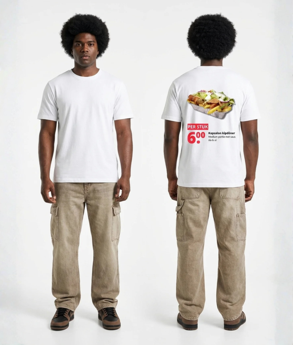 Wit unisex t-shirt met Kip Kapsalon opdruk van PEP SCHEP – grote rugprint met kapsalon maaltijd illustratie en supermarkt prijskaartje design