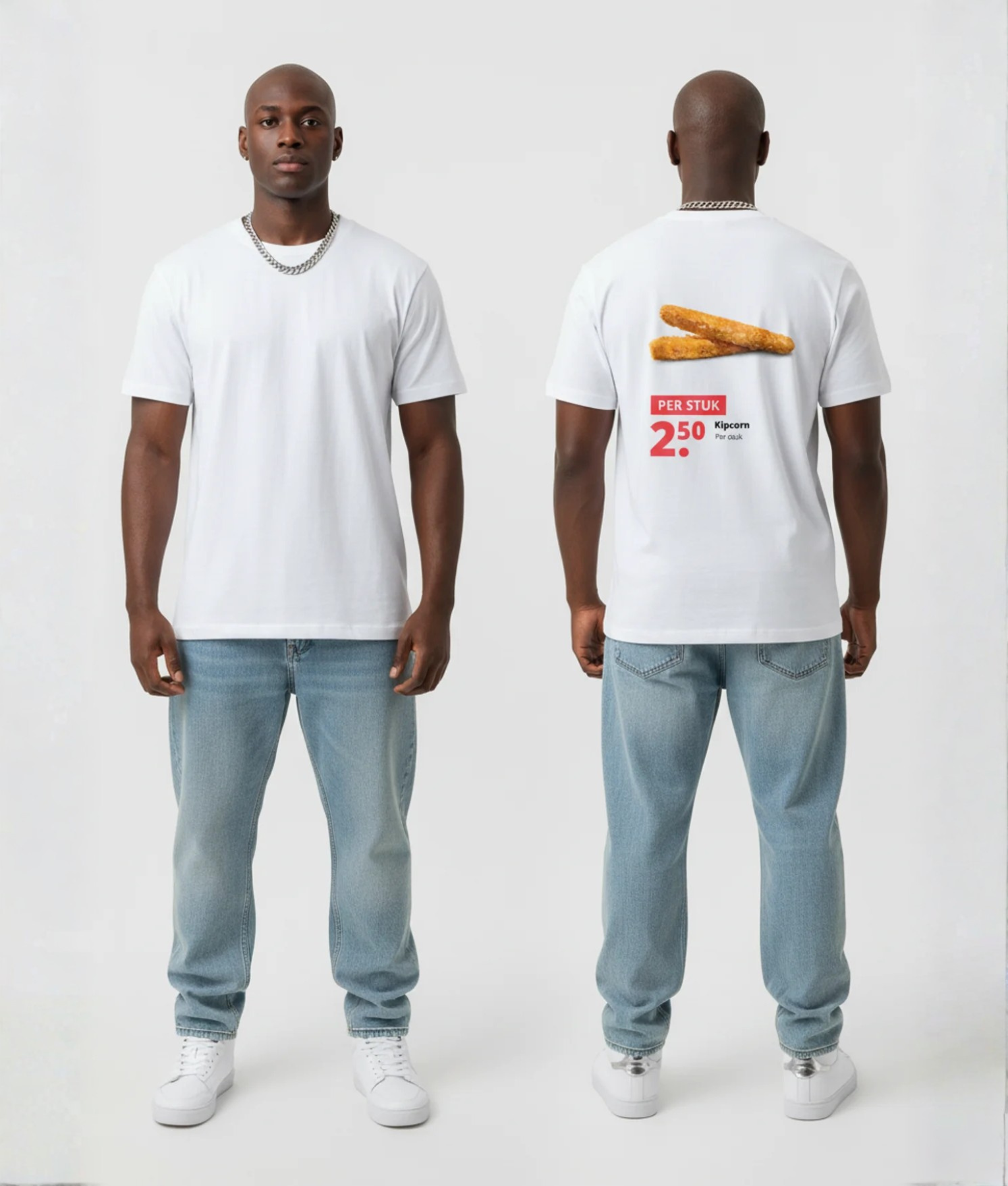 Wit unisex T-shirt voor- en achteraanzicht gedragen door mannelijk model met kipcorn supermarkt reclame print Per Stuk €2.50 op de rug