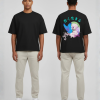 Zwart T-shirt met blauwe en paarse vlinders, kersenbloesem, groene maan en Japanse tekens in turquoise op de rug