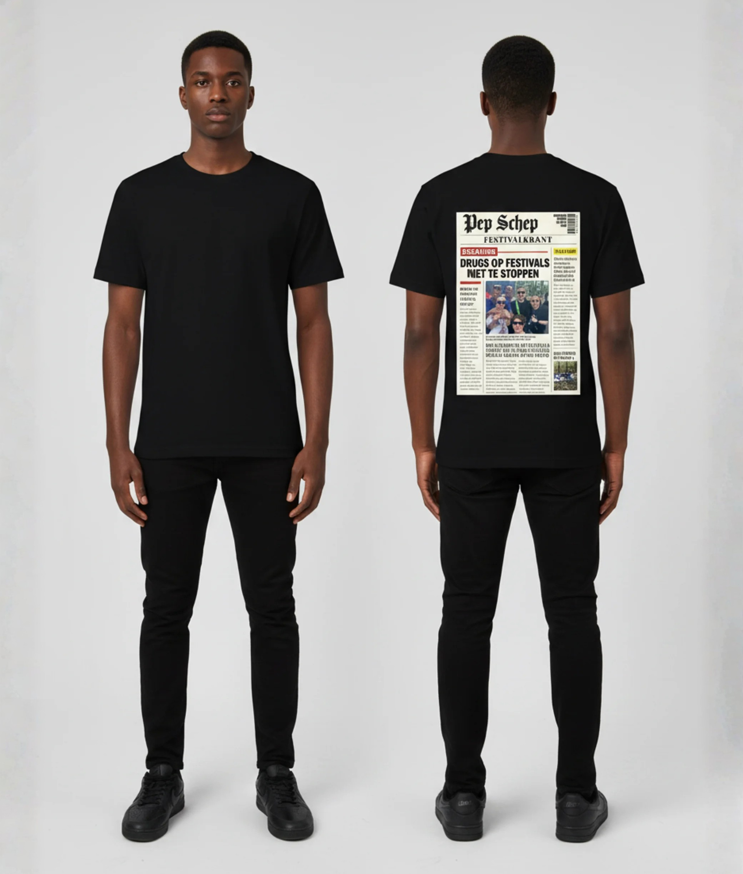 Zwart unisex T-shirt voor- en achteraanzicht gedragen door mannelijk model met krant nieuwsprint design op de rug