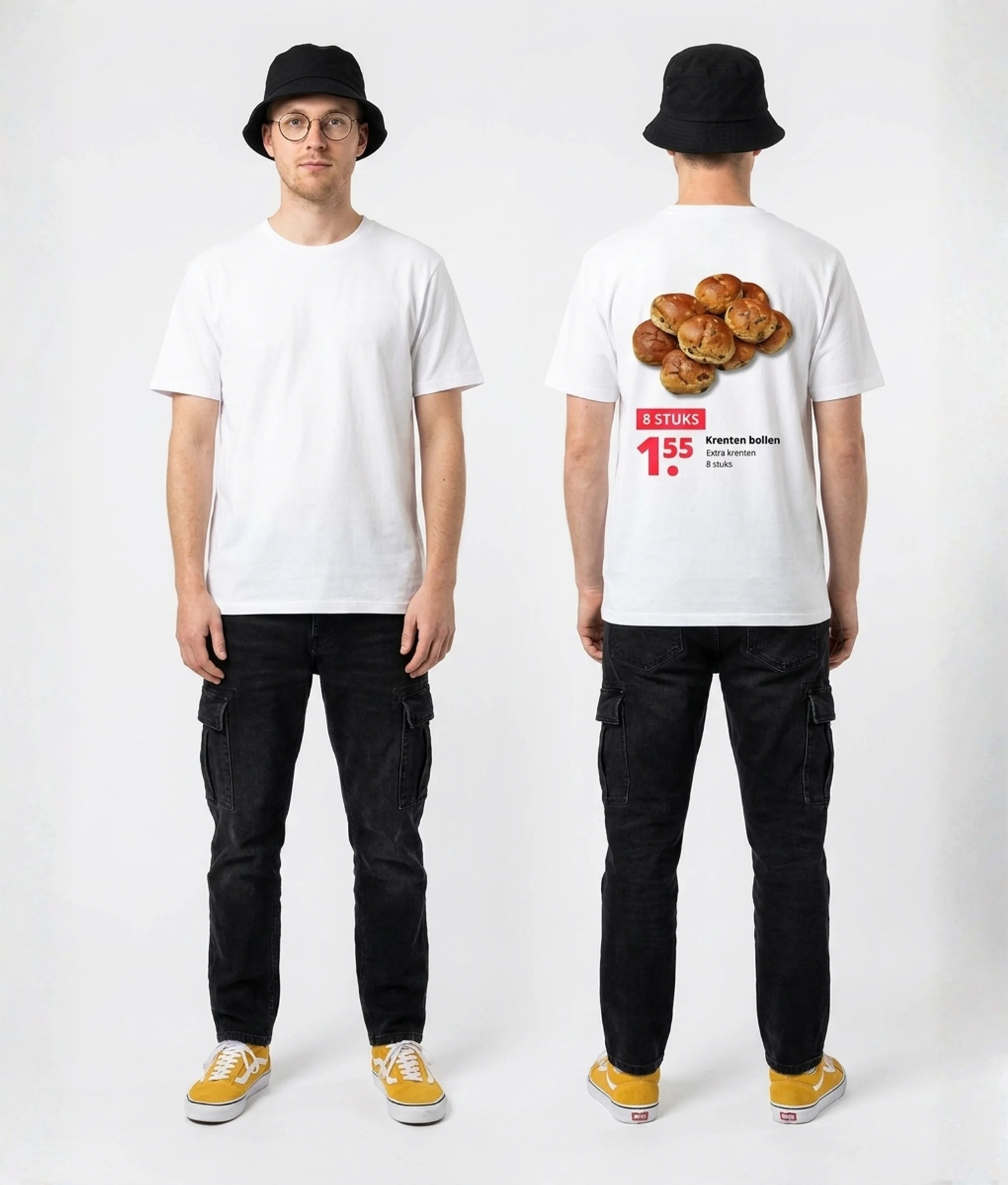 Wit unisex T-shirt voor- en achteraanzicht gedragen door mannelijk model met Krenten bollen 8 stuks supermarkt reclame print op de rug