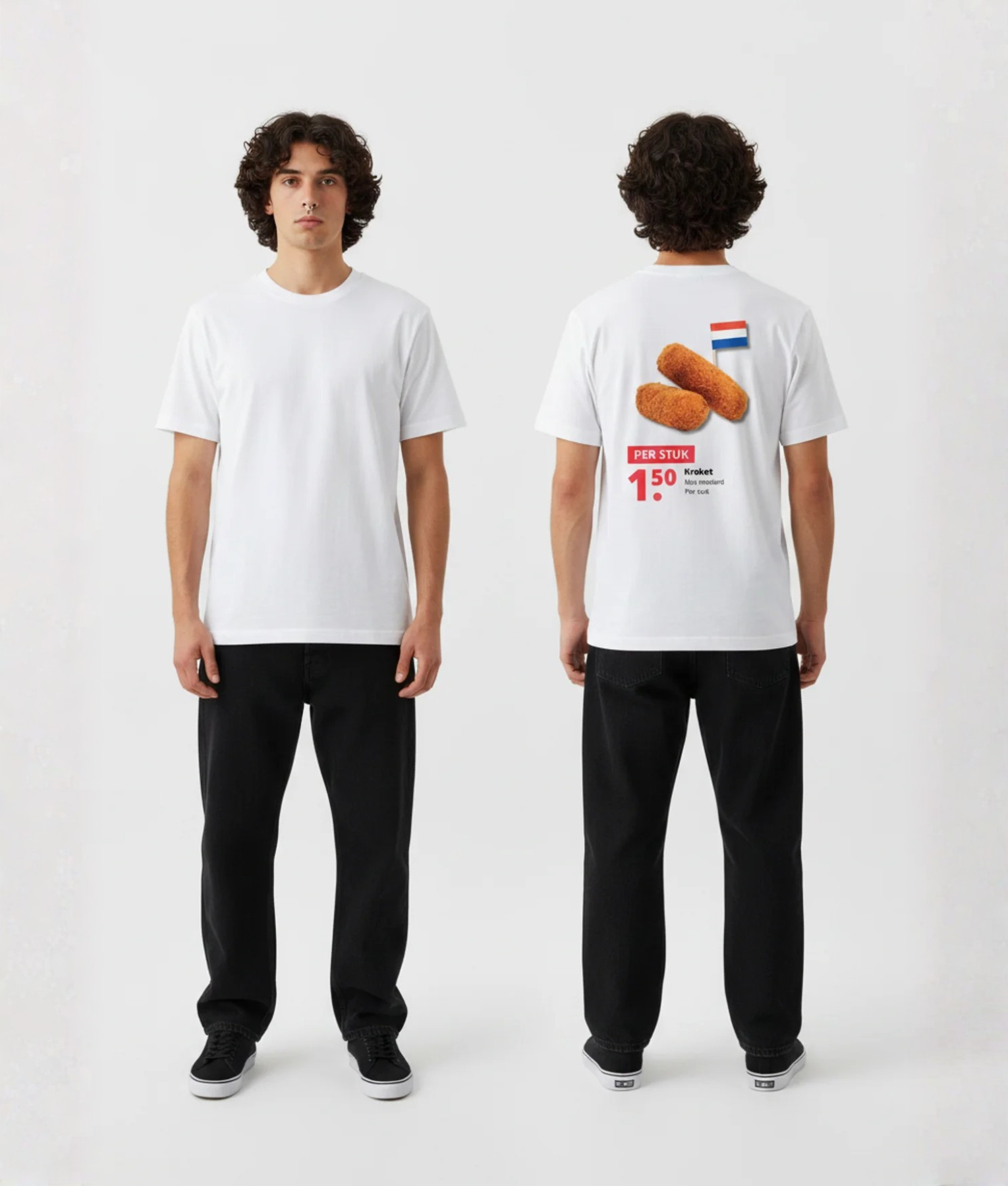 Wit unisex T-shirt voor- en achteraanzicht gedragen door mannelijk model met kroket supermarkt reclame print Per Stuk €1.50 en Nederlandse vlag op de rug