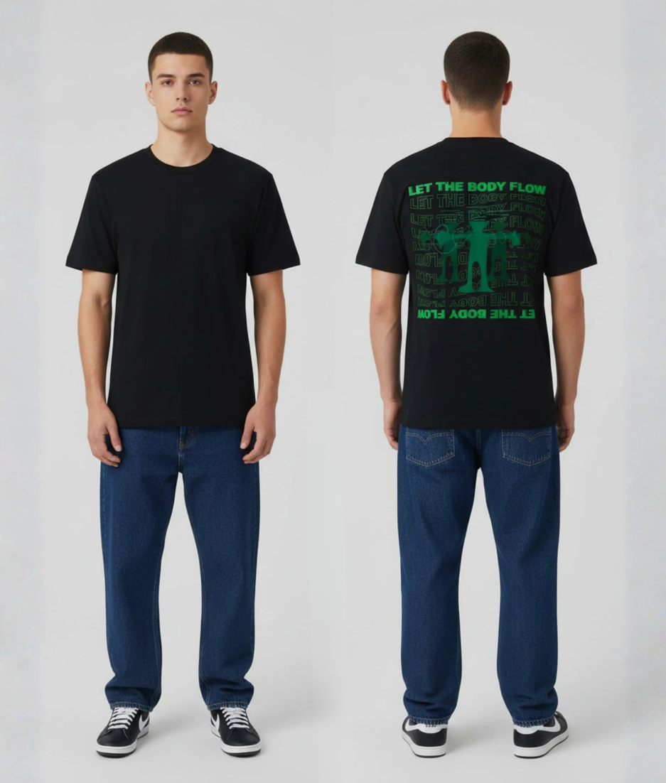 Zwart unisex T-shirt voor- en achteraanzicht gedragen door mannelijk model met groene Let The Body Flow print en dansende figuur illustratie op de rug