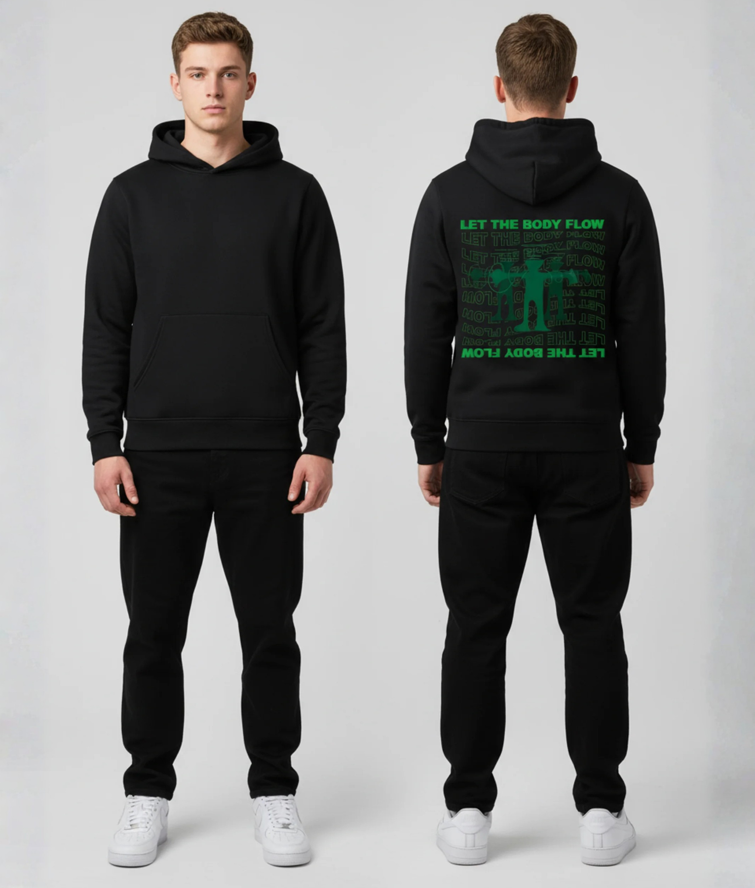 Man in zwarte hoodie voor- en achterkant met groene LET THE BODY FLOW print op de rug