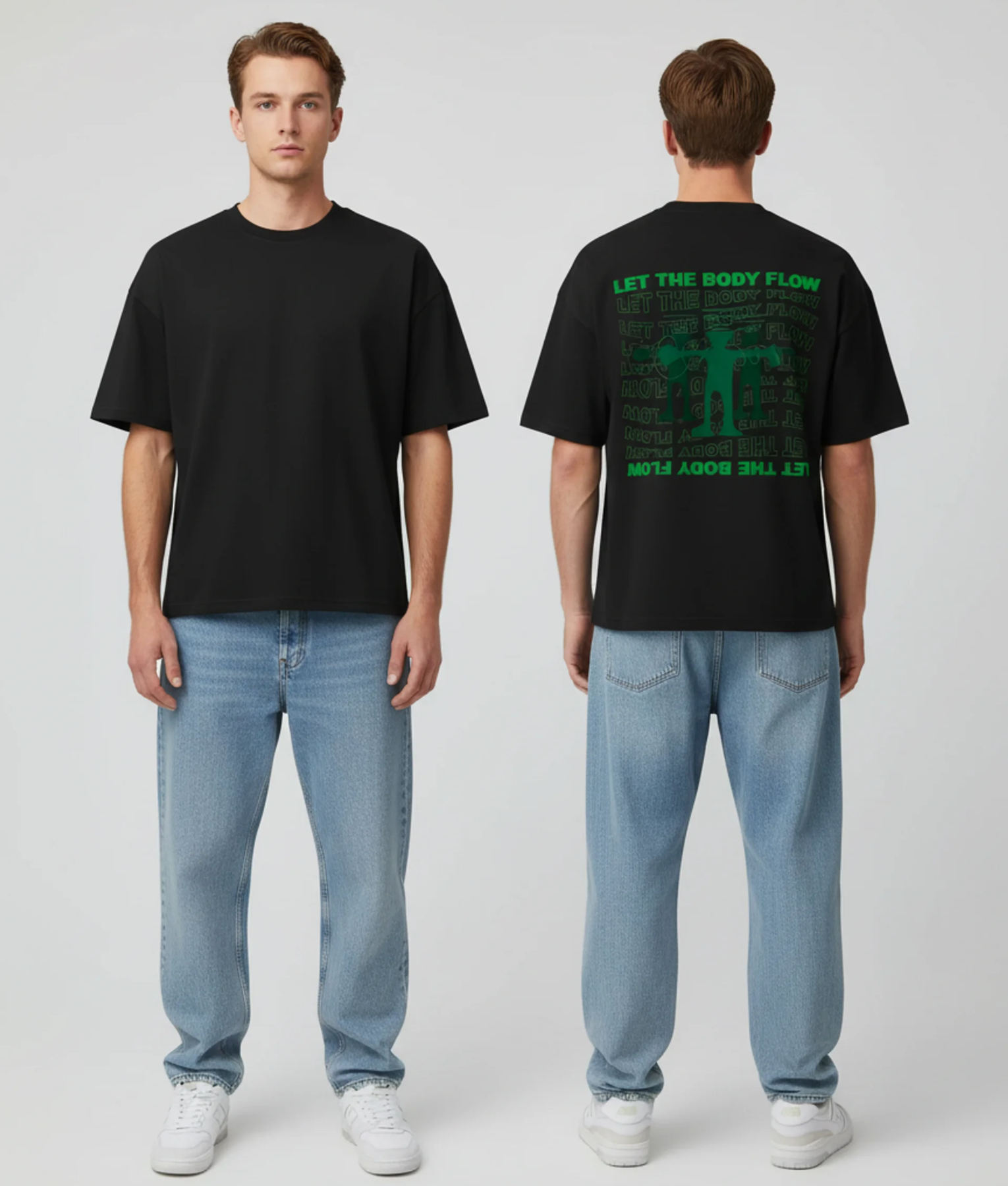 Zwart T-shirt met groene LET THE BODY FLOW tekst en dansfiguur op de rug