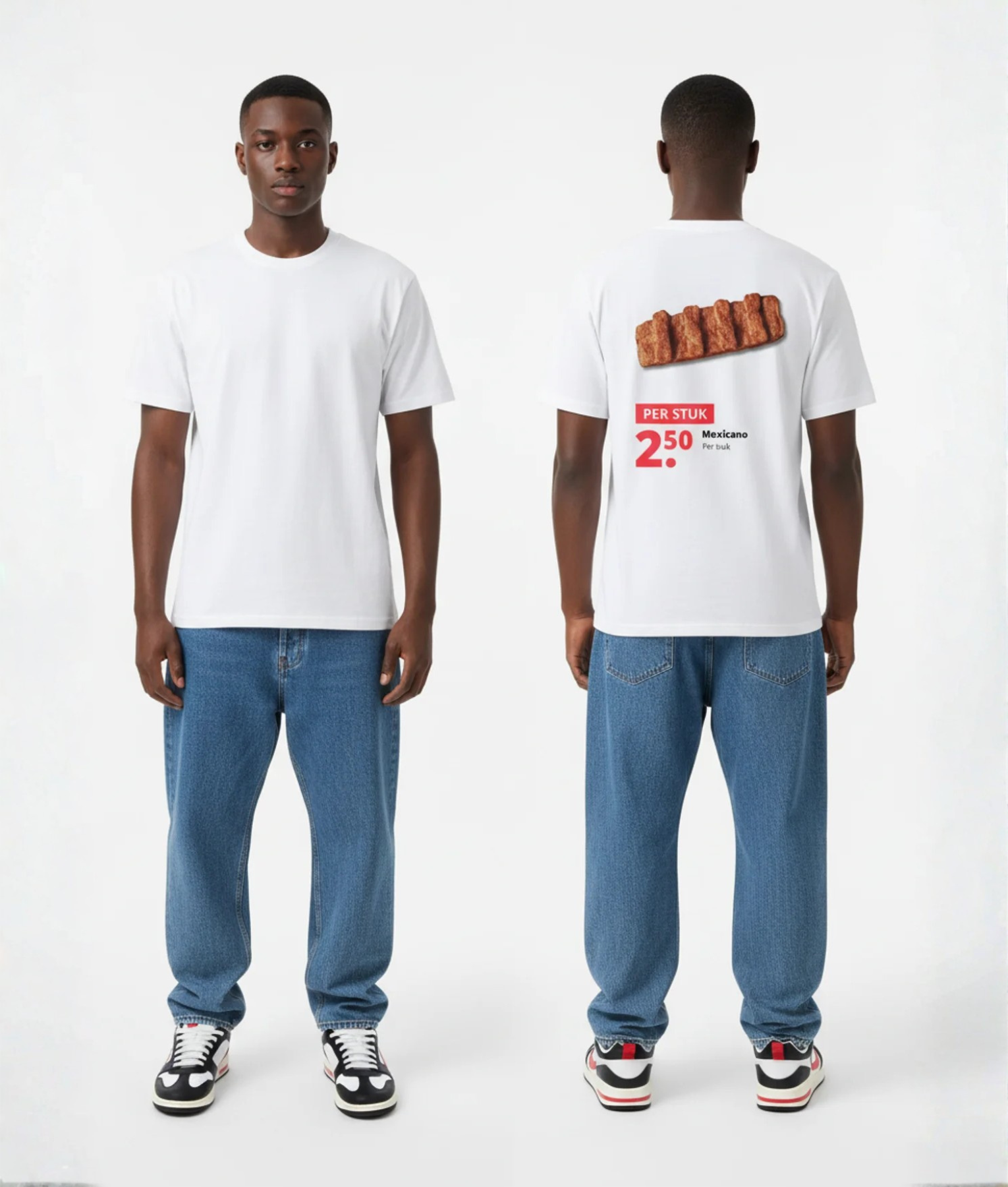 Wit T-shirt met supermarkt aanbieding print van een mexicano snack met foto, PER STUK, 2,50 prijs en Mexicano tekst op de rug