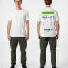 Wit T-shirt met neon groene eigen tekst banner en boarding pass print met PNM naar JPT vluchtdetails en PEP-SCHEP.NL tekst op de rug