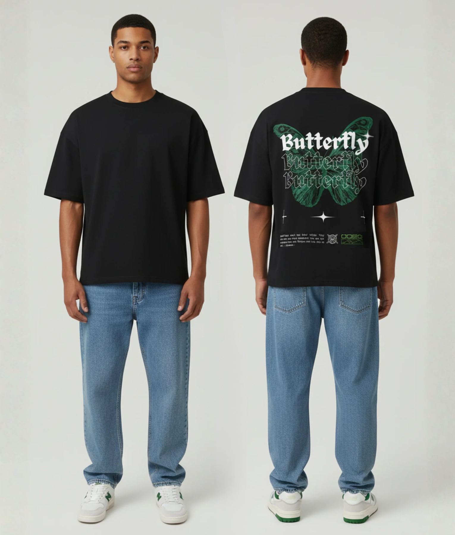 Zwart T-shirt met donkergroene vlinder en Butterfly tekst op de rug