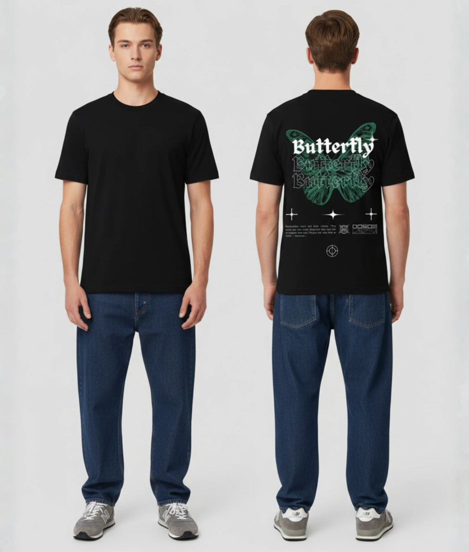 Zwart T-shirt met groene vlinder illustratie en Butterfly tekst herhalend in gothic lettertype met sterren op de rug