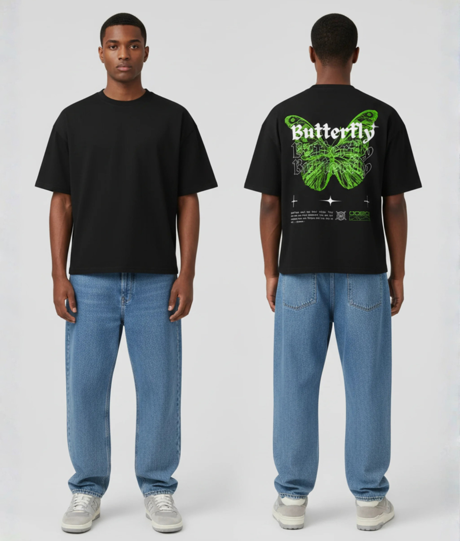 Zwart T-shirt met groene vlinder en Butterfly tekst op de rug