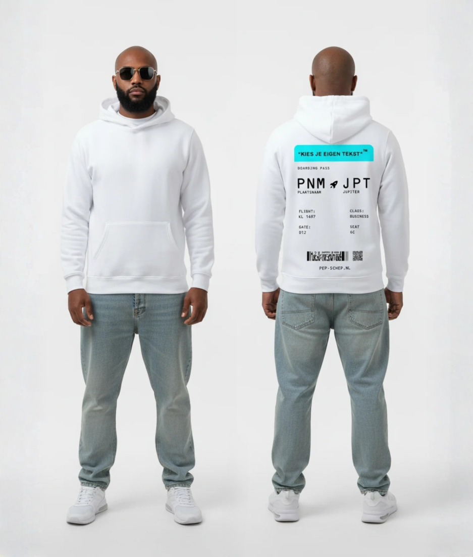 Witte hoodie met turquoise boarding pass print en eigen tekst op de rug