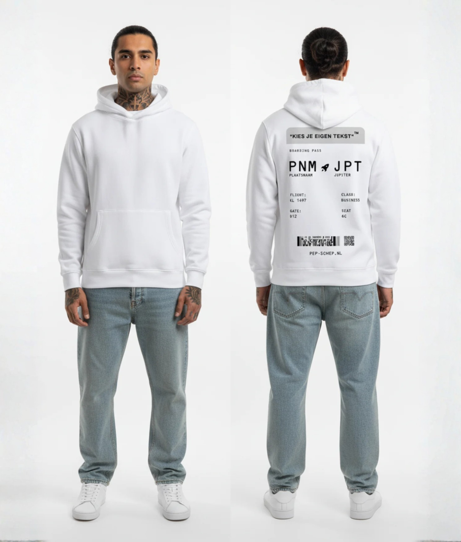 Witte hoodie met grijze boarding pass print en eigen tekst op de rug