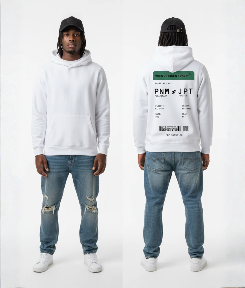 Witte hoodie met groene boarding pass print en eigen tekst op de rug