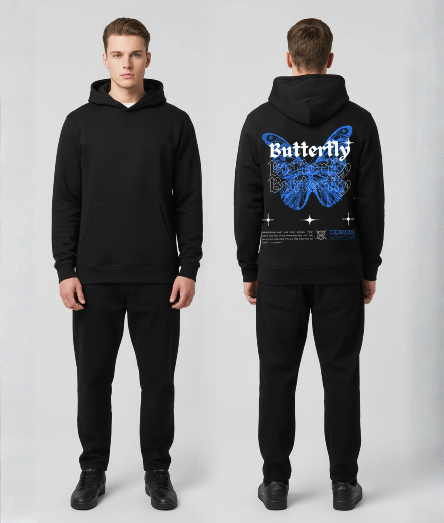 Man in zwarte hoodie voor- en achterkant met blauwe vlinder en Butterfly print op de rug