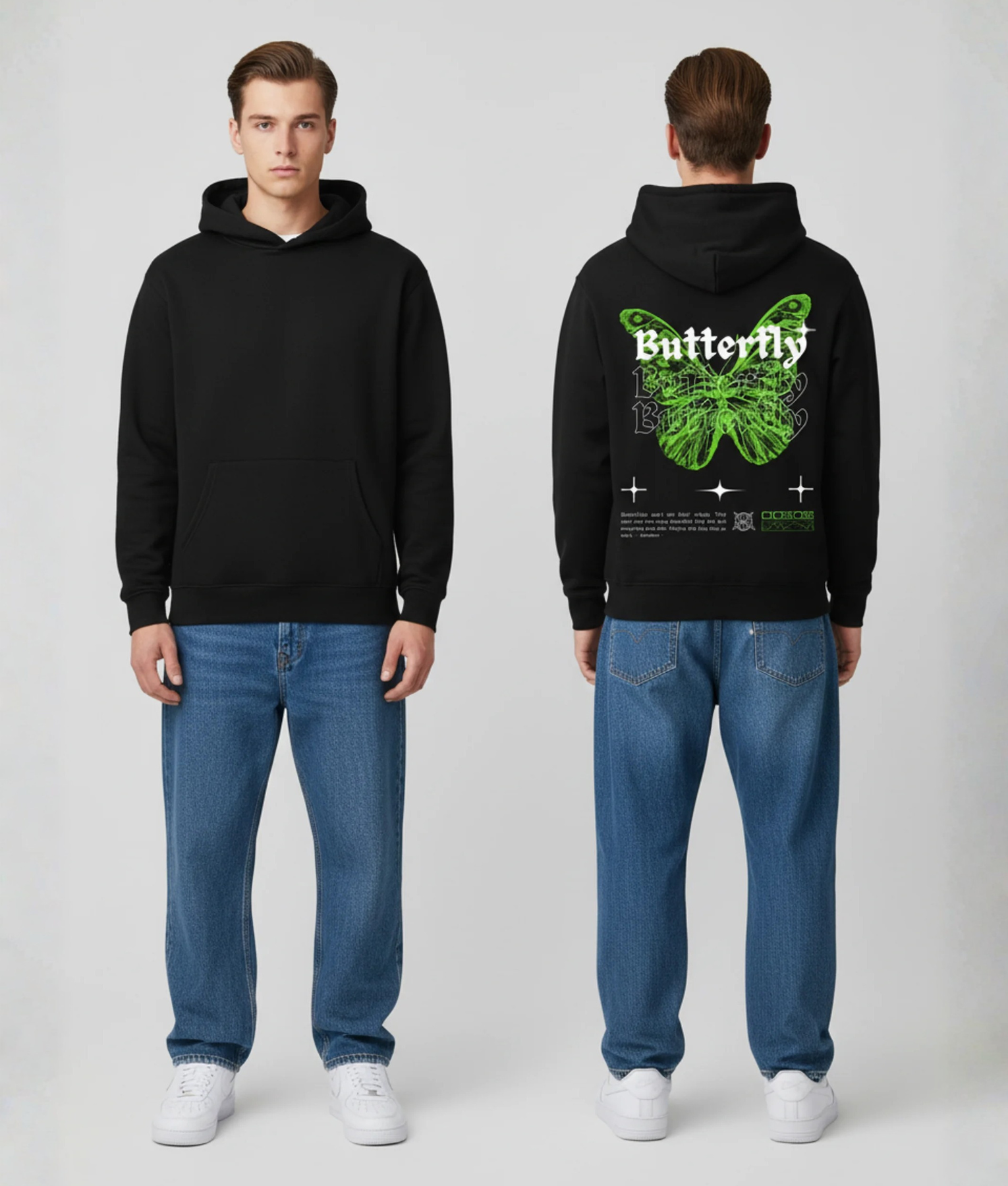 Man in zwarte hoodie voor- en achterkant met groene vlinder en Butterfly print op de rug