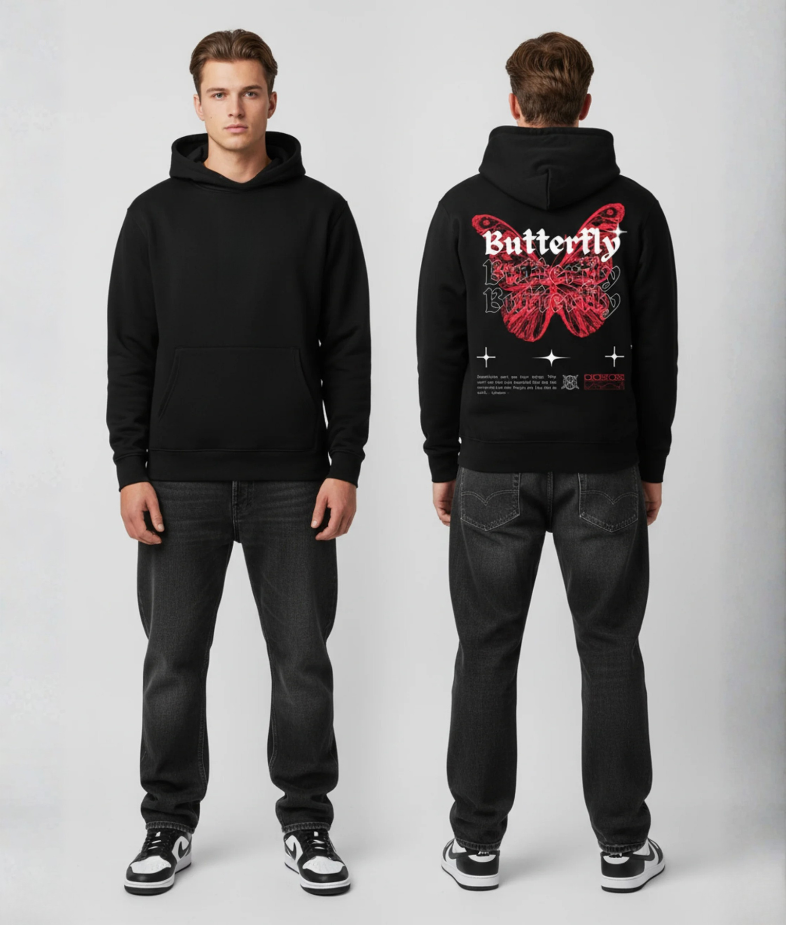 Man in zwarte hoodie voor- en achterkant met rode vlinder en Butterfly print op de rug