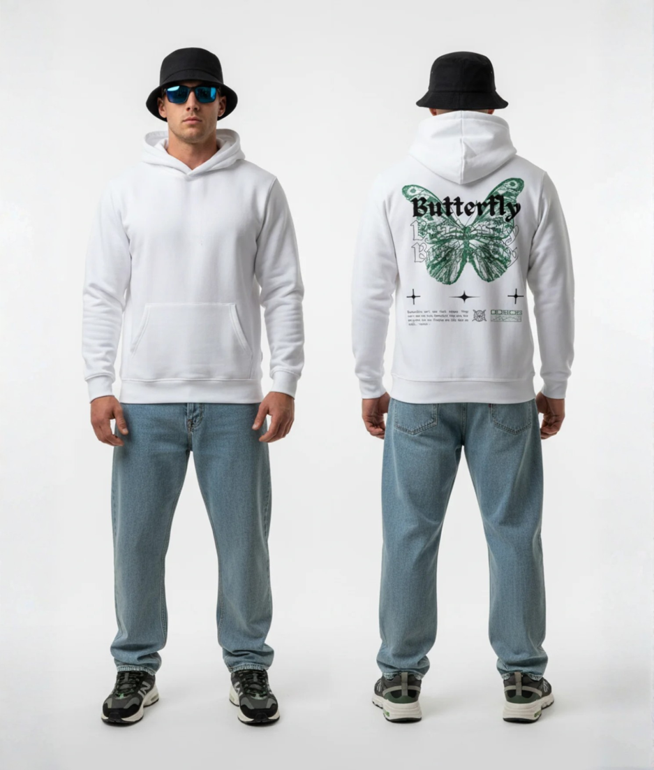 Witte hoodie met groene vlinder en Butterfly print op de rug