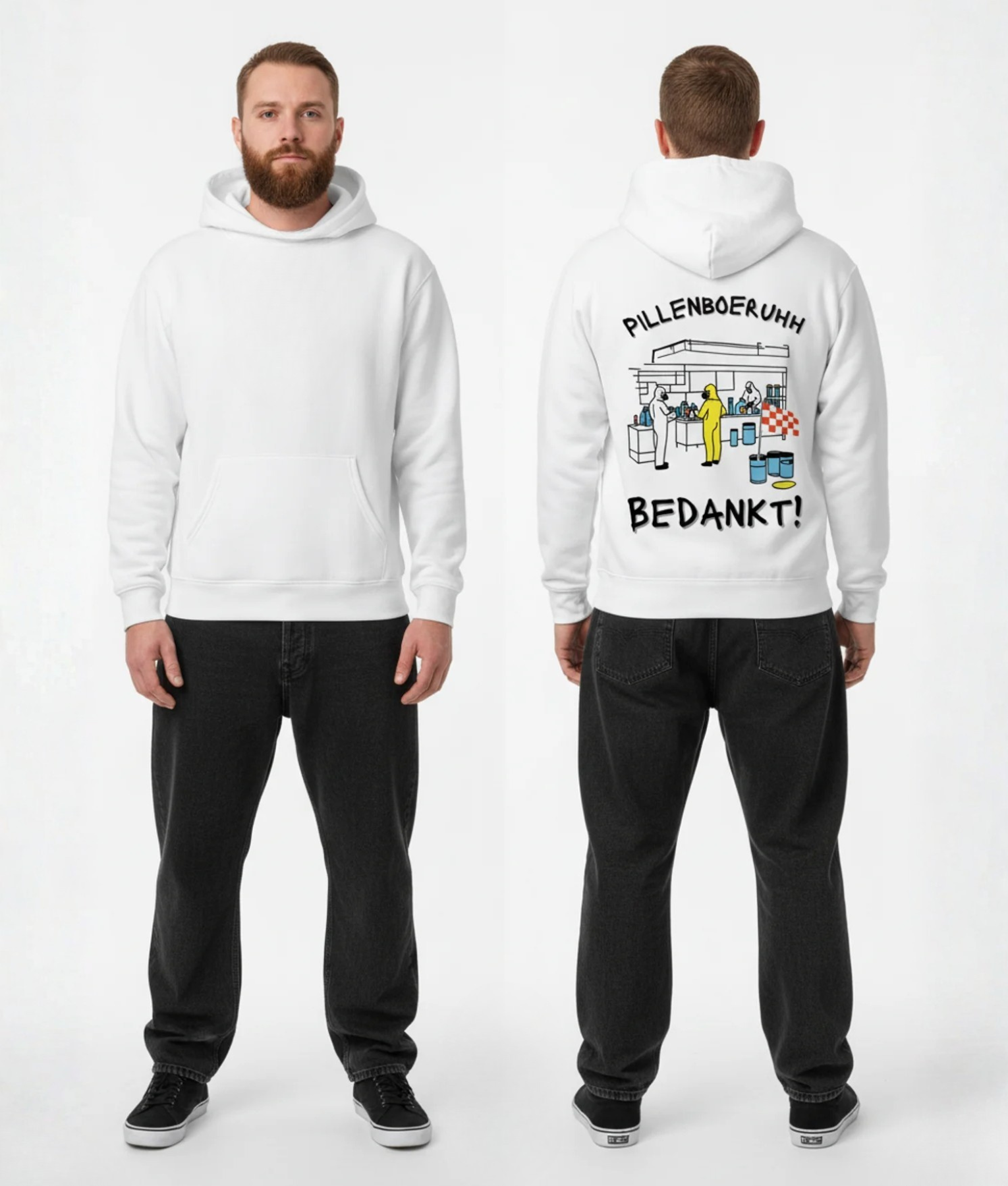 Witte hoodie met laboratorium illustratie en PILLENBOERUHH BEDANKT print op de rug
