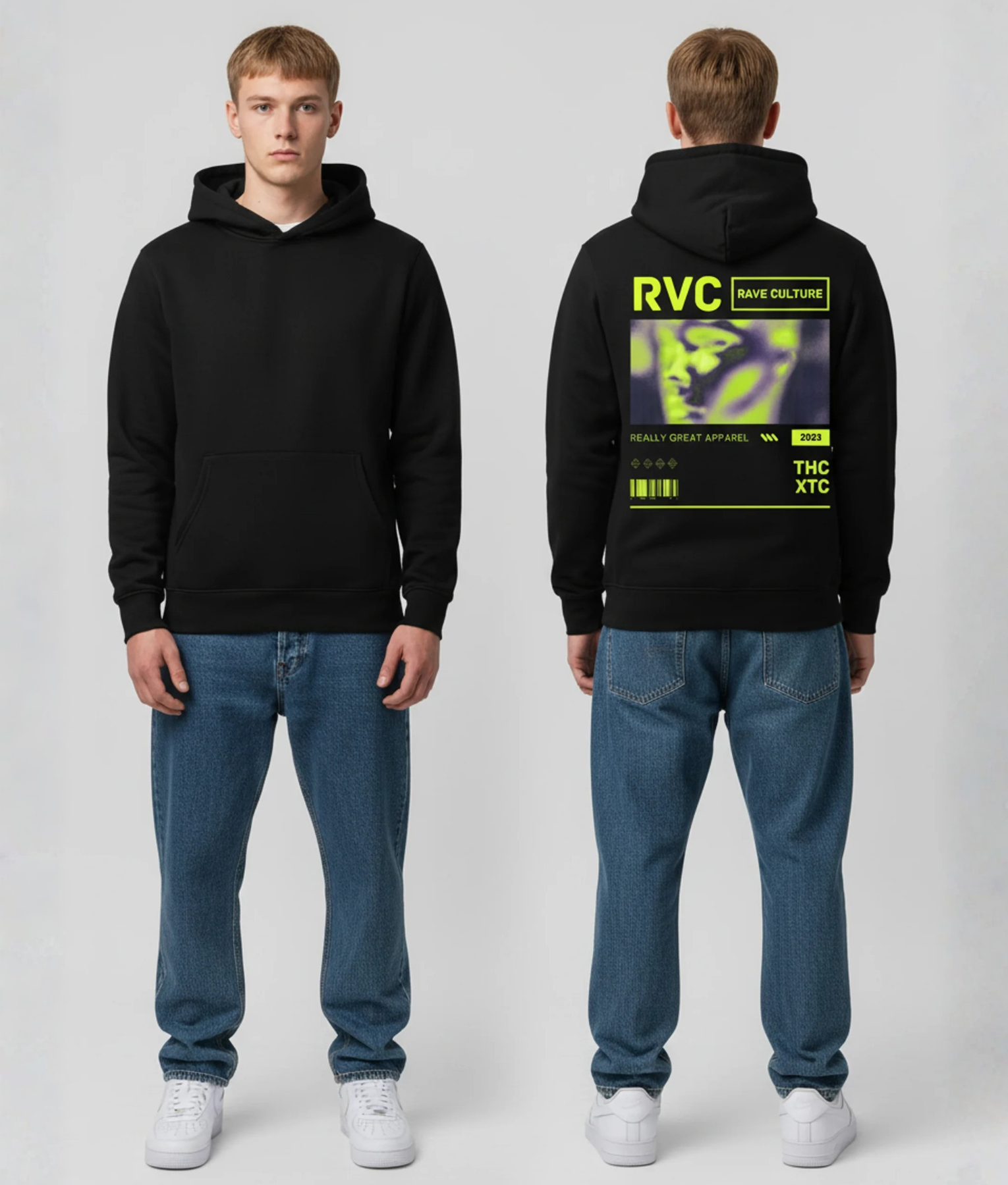 Man in zwarte hoodie voor- en achterkant met gele RVC RAVE CULTURE print op de rug