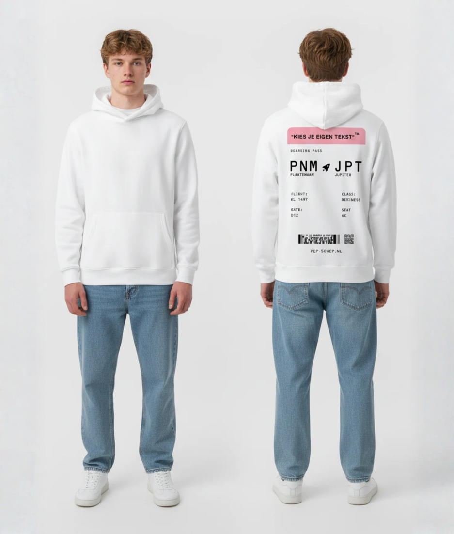 Witte hoodie met roze boarding pass print en eigen tekst op de rug