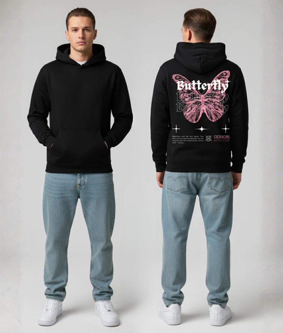 Man in zwarte hoodie voor- en achterkant met roze vlinder en Butterfly tekst print op de rug