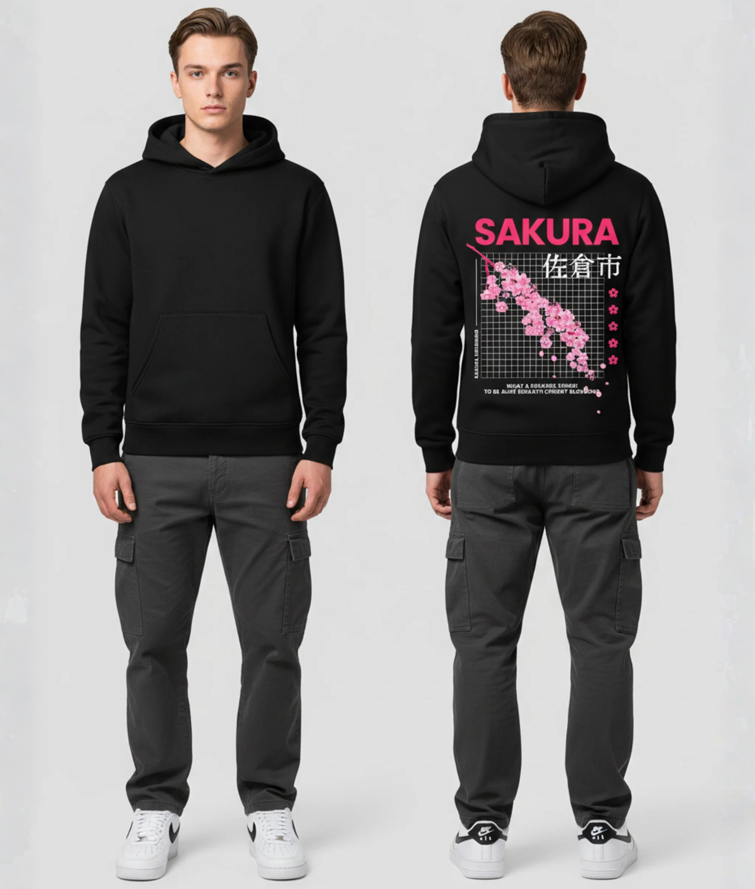 Man in zwarte hoodie voor- en achterkant met roze SAKURA kersenbloesem print en Japanse tekens