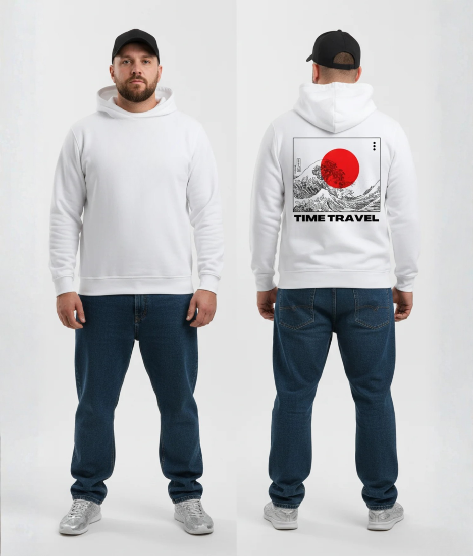 Witte hoodie met Japanse golf, rode zon en TIME TRAVEL print op de rug