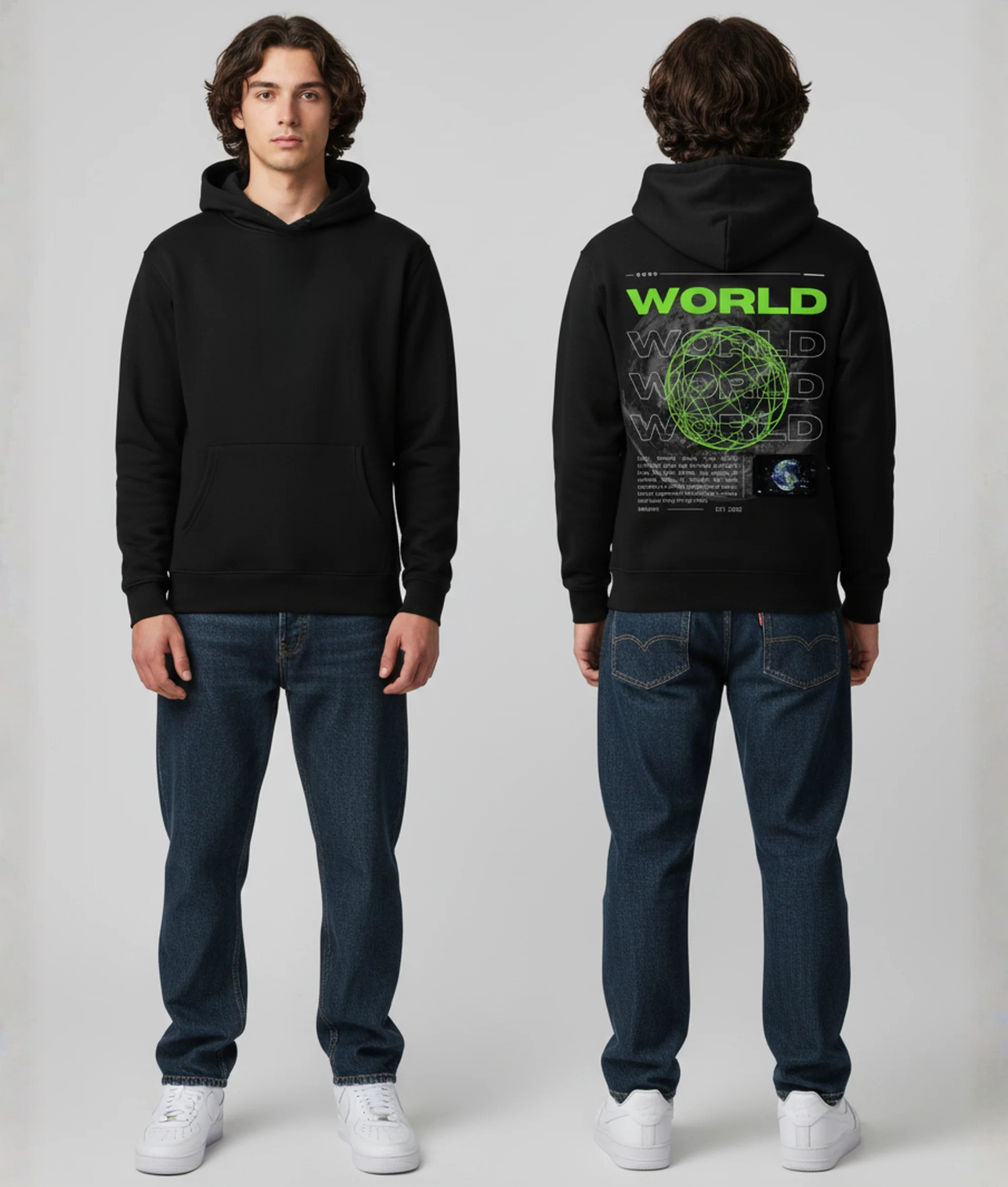 Man in zwarte hoodie voor- en achterkant met neongroene WORLD tekst en bol opdruk op de rug
