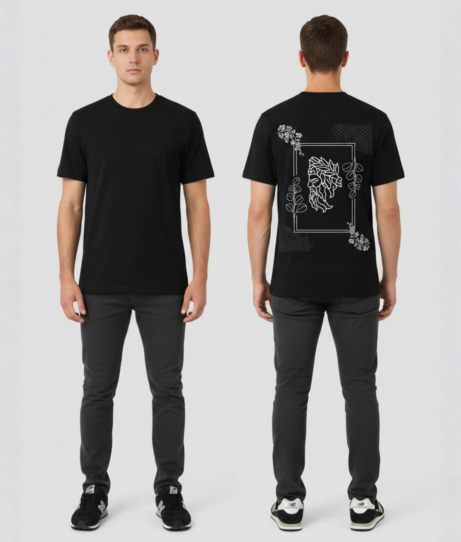 Zwart T-shirt met witte lijntekening van een Griekse god profiel met botanische bloemen en bladeren in een vierkant kader op gestippelde achtergrond op de rug
