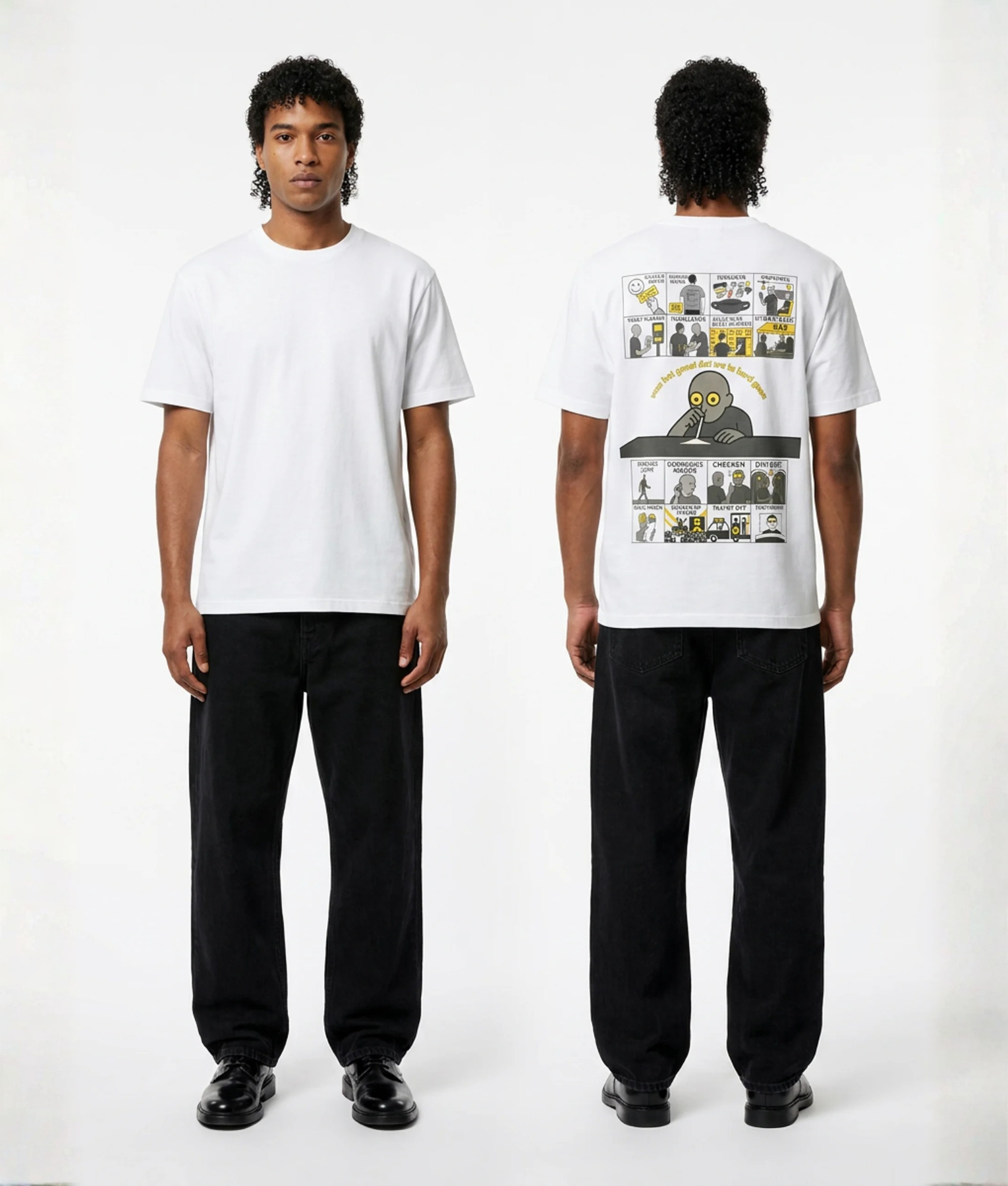 Wit unisex T-shirt voor- en achteraanzicht gedragen door mannelijk model met rave festival cartoon stripverhaal print op de rug