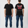 Zwart unisex T-shirt voor- en achteraanzicht gedragen door mannelijk model met Butterfly print en grote rode vlinder illustratie op de rug