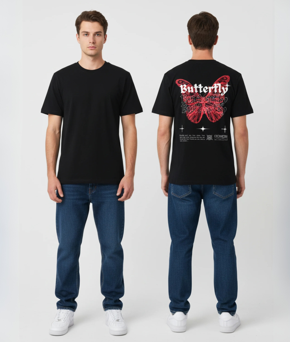 Zwart unisex T-shirt voor- en achteraanzicht gedragen door mannelijk model met Butterfly print en grote rode vlinder illustratie op de rug