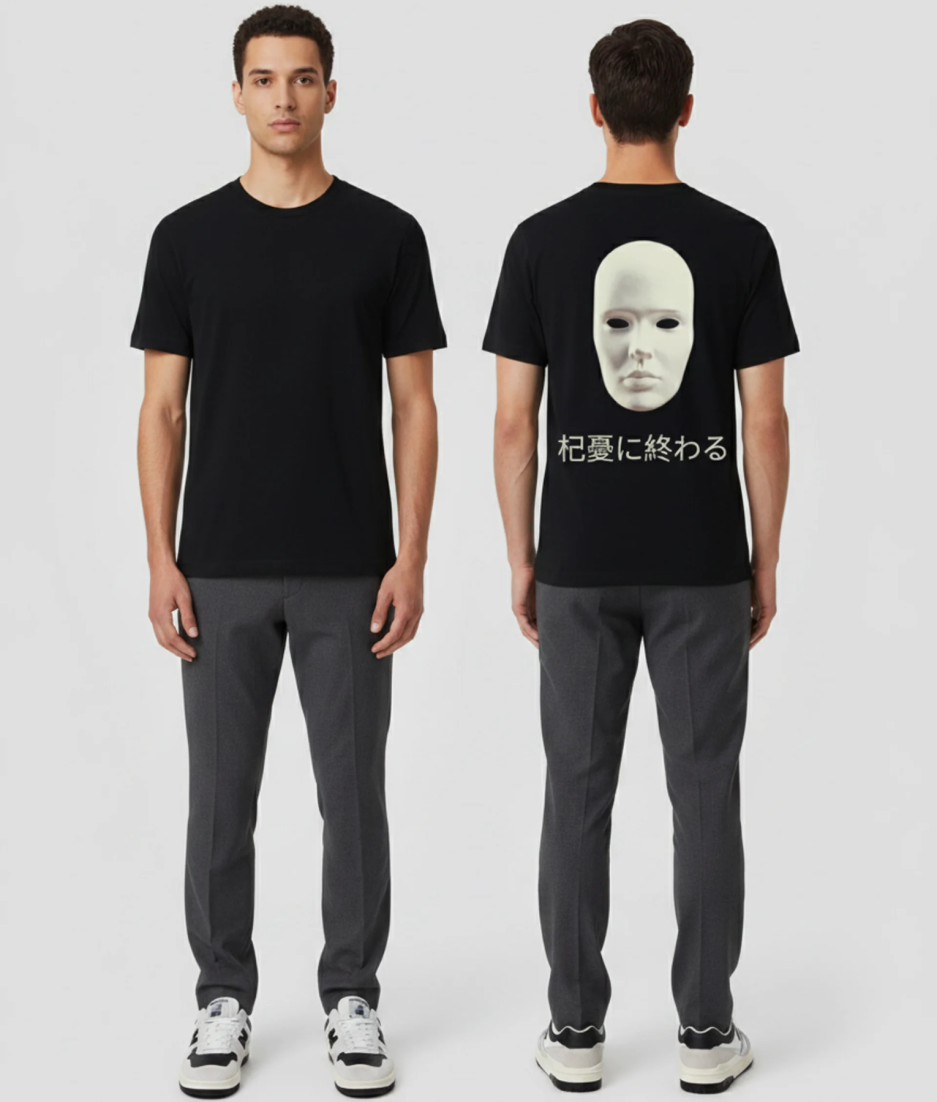 Zwart T-shirt met wit Aziatisch masker illustratie en Japanse tekens 柞憂に終わる op de rug
