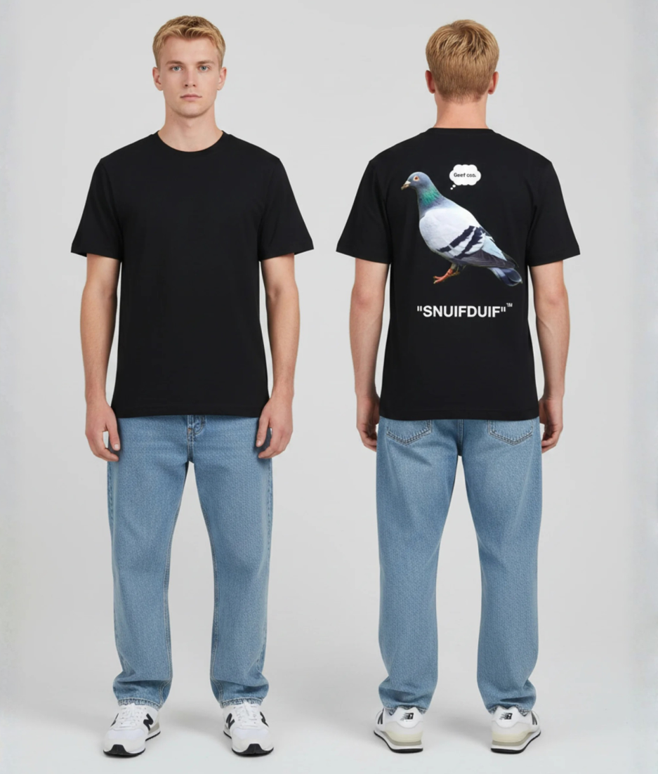 Zwart unisex T-shirt voor- en achteraanzicht gedragen door mannelijk model met duif en SNUIFDUIF grappige print op de rug