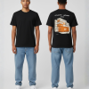 Zwart unisex T-shirt voor- en achteraanzicht gedragen door mannelijk model met UITHALERS BEDANKT XOXO tekst en oranje container illustratie op de rug