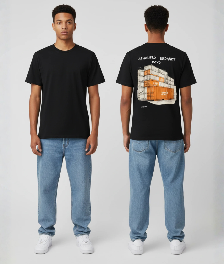 Zwart unisex T-shirt voor- en achteraanzicht gedragen door mannelijk model met UITHALERS BEDANKT XOXO tekst en oranje container illustratie op de rug