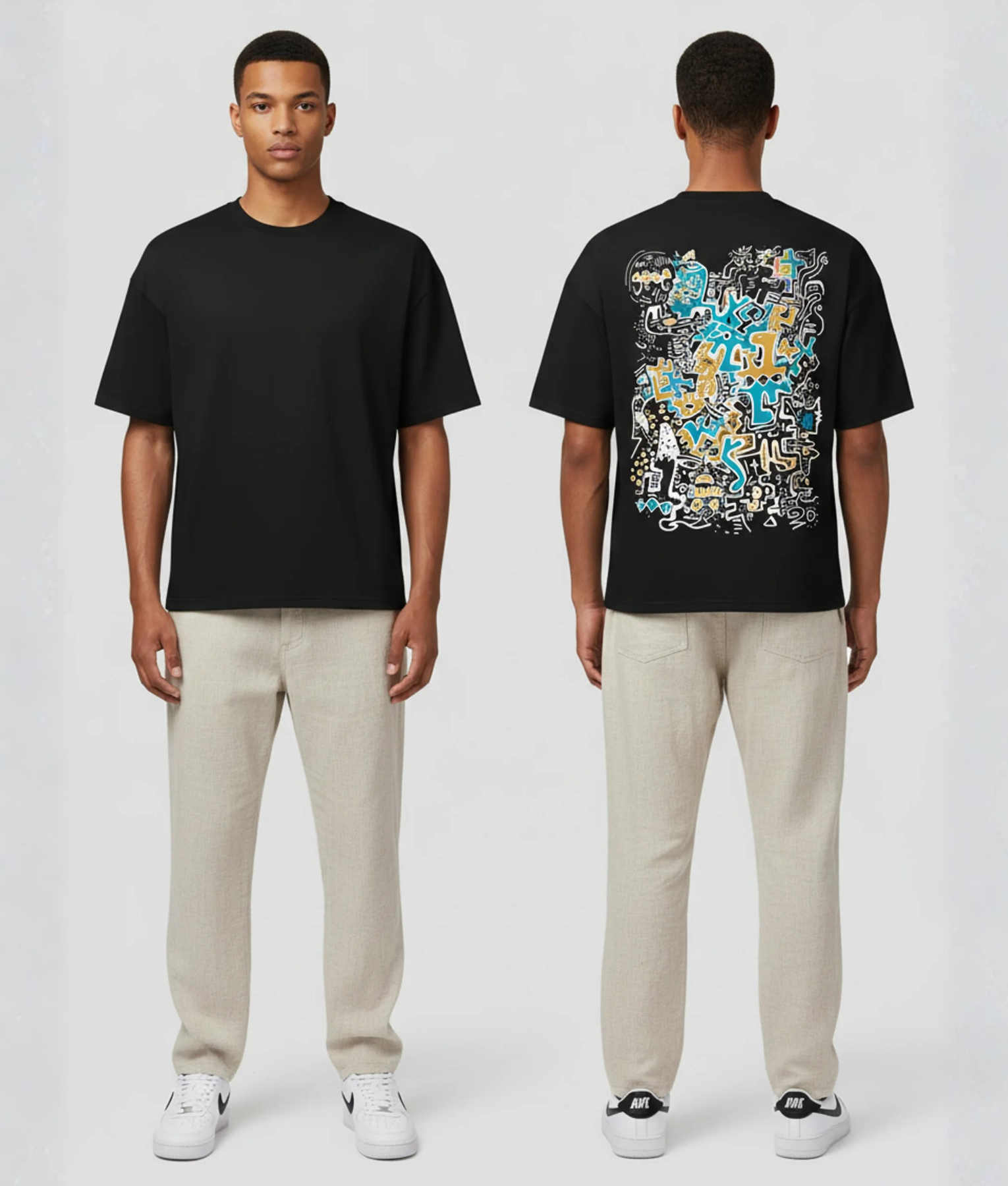 Zwart T-shirt met kleurrijke graffiti doodle illustratie in blauw, geel en wit op de rug