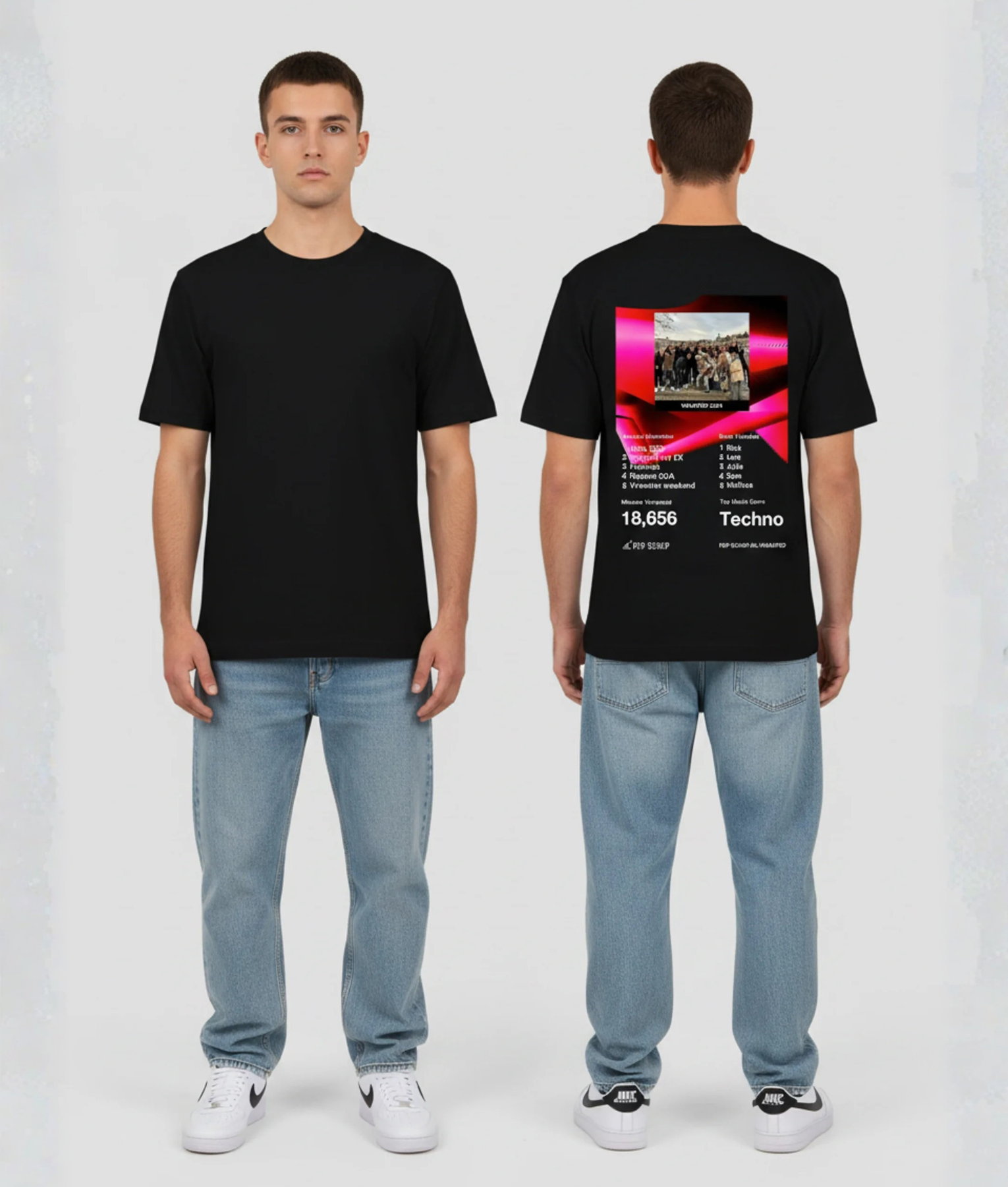 Zwart T-shirt met Spotify Wrapped stijl print in roze en magenta met festival groepsfoto, muziekstatistieken, 18.656 en Techno genre op de rug
