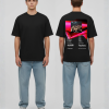 Zwart T-shirt met Spotify Wrapped stijl print in roze en rood met muziekstatistieken, Techno genre en festival foto op de rug