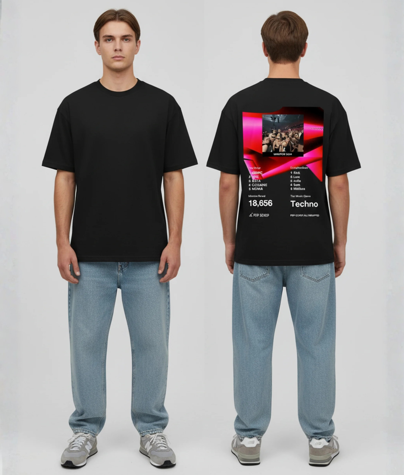 Zwart T-shirt met Spotify Wrapped stijl print in roze en rood met muziekstatistieken, Techno genre en festival foto op de rug