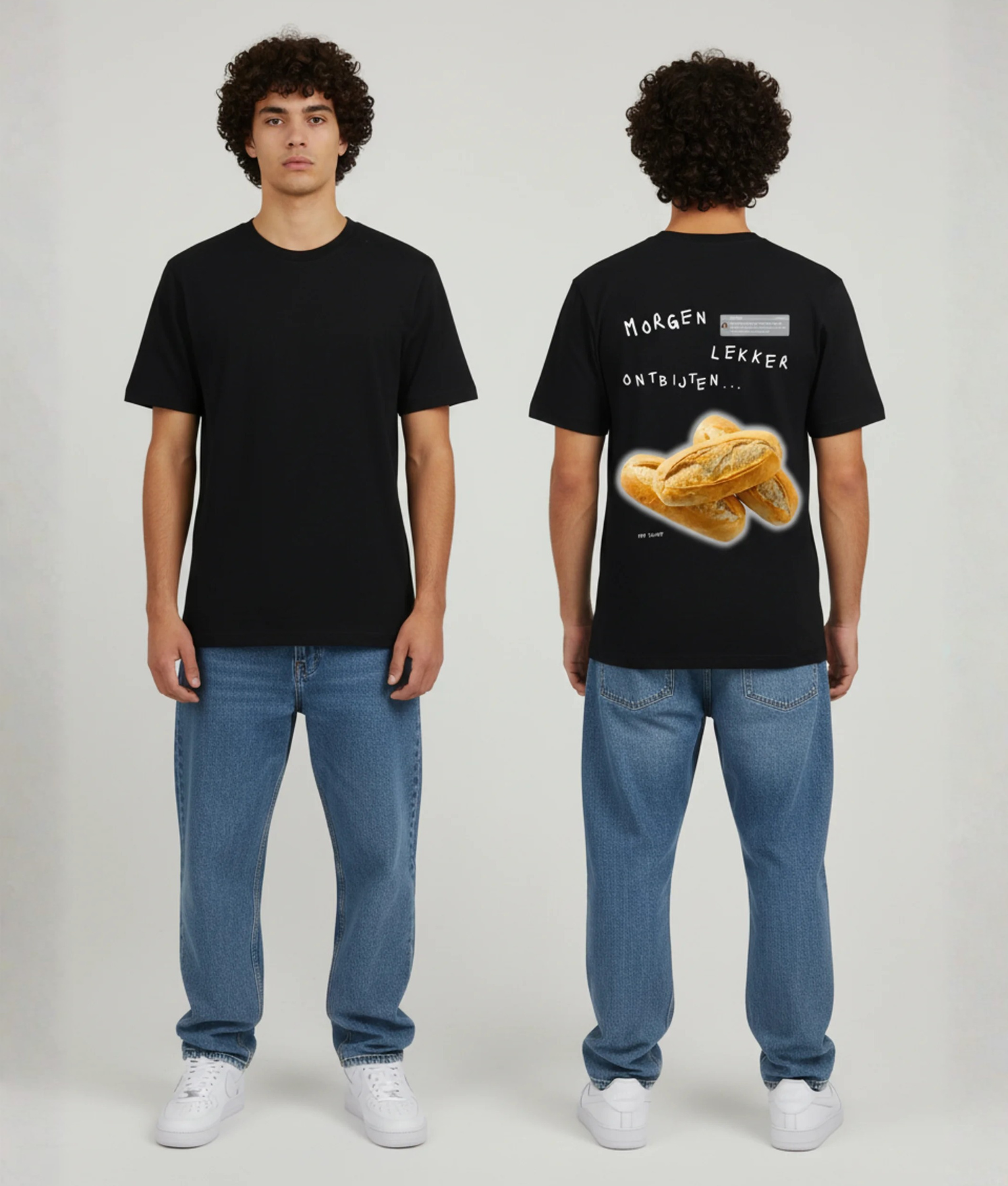 Zwart T-shirt met MORGEN LEKKER ONTBIJTEN tekst in handschrift met gecensureerde balk en stokbrood illustratie op de rug