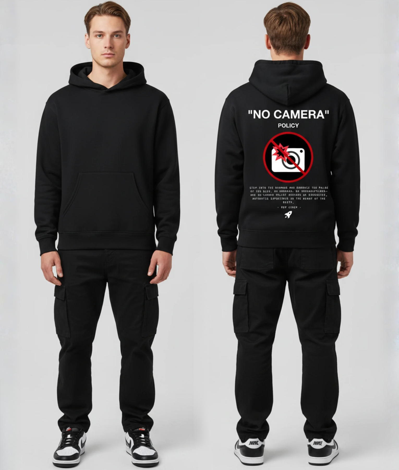 Man in zwarte hoodie voor- en achterkant met NO CAMERA POLICY tekst en verboden camera icoon
