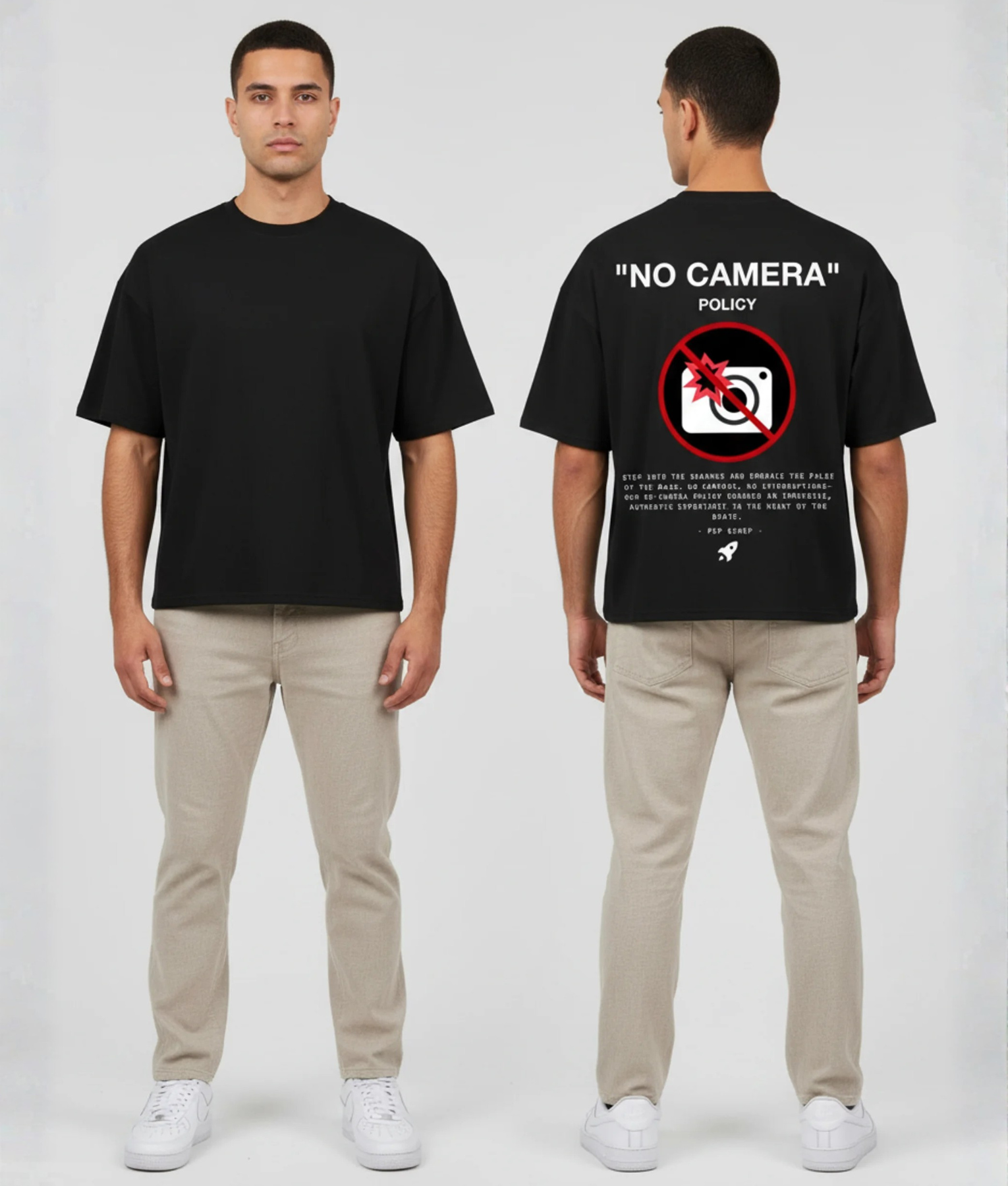Zwart T-shirt met NO CAMERA POLICY tekst en rood doorgestreepte camera op de rug