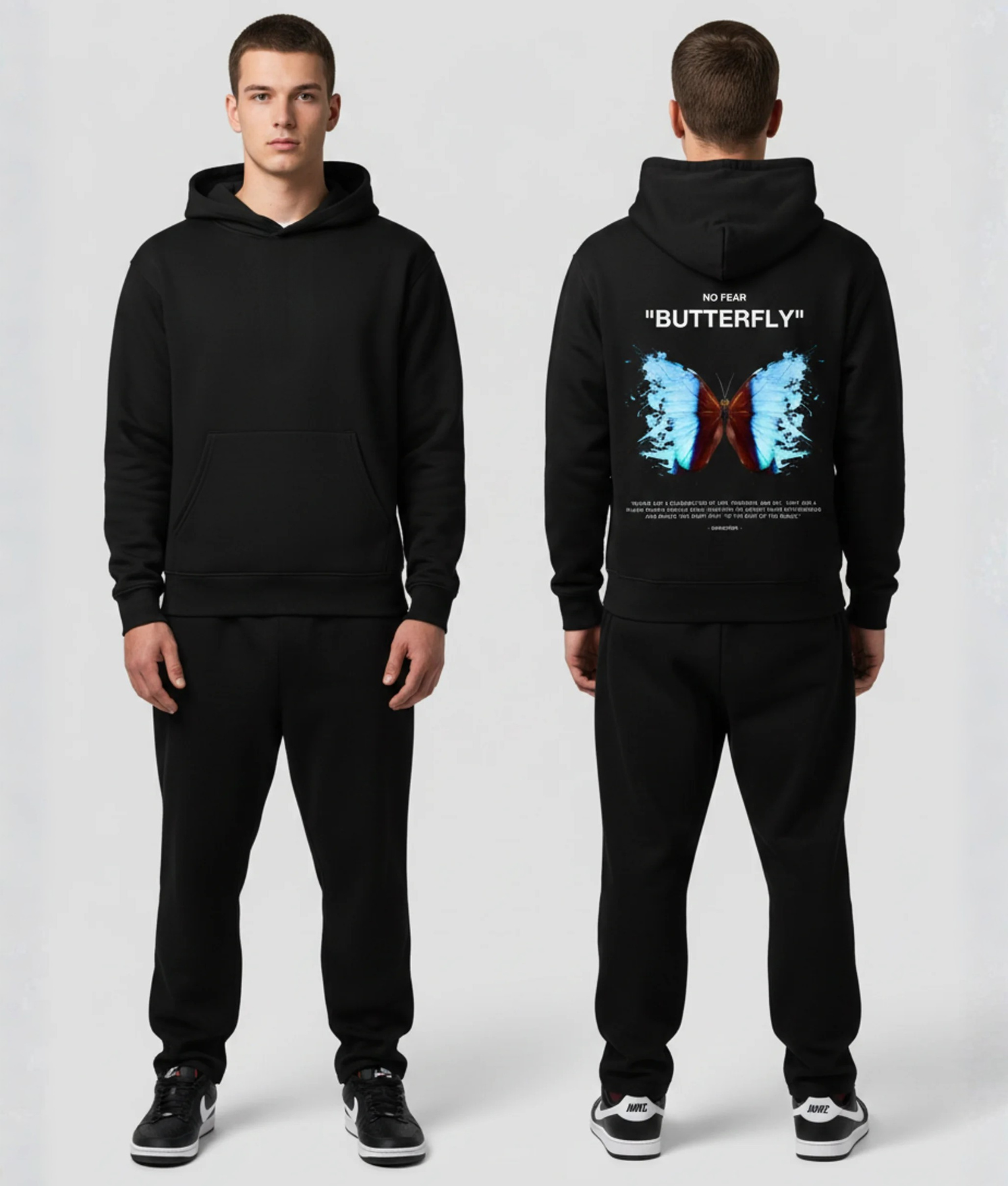 Man in zwarte hoodie voor- en achterkant met kleurrijke vlinder en NO FEAR BUTTERFLY print