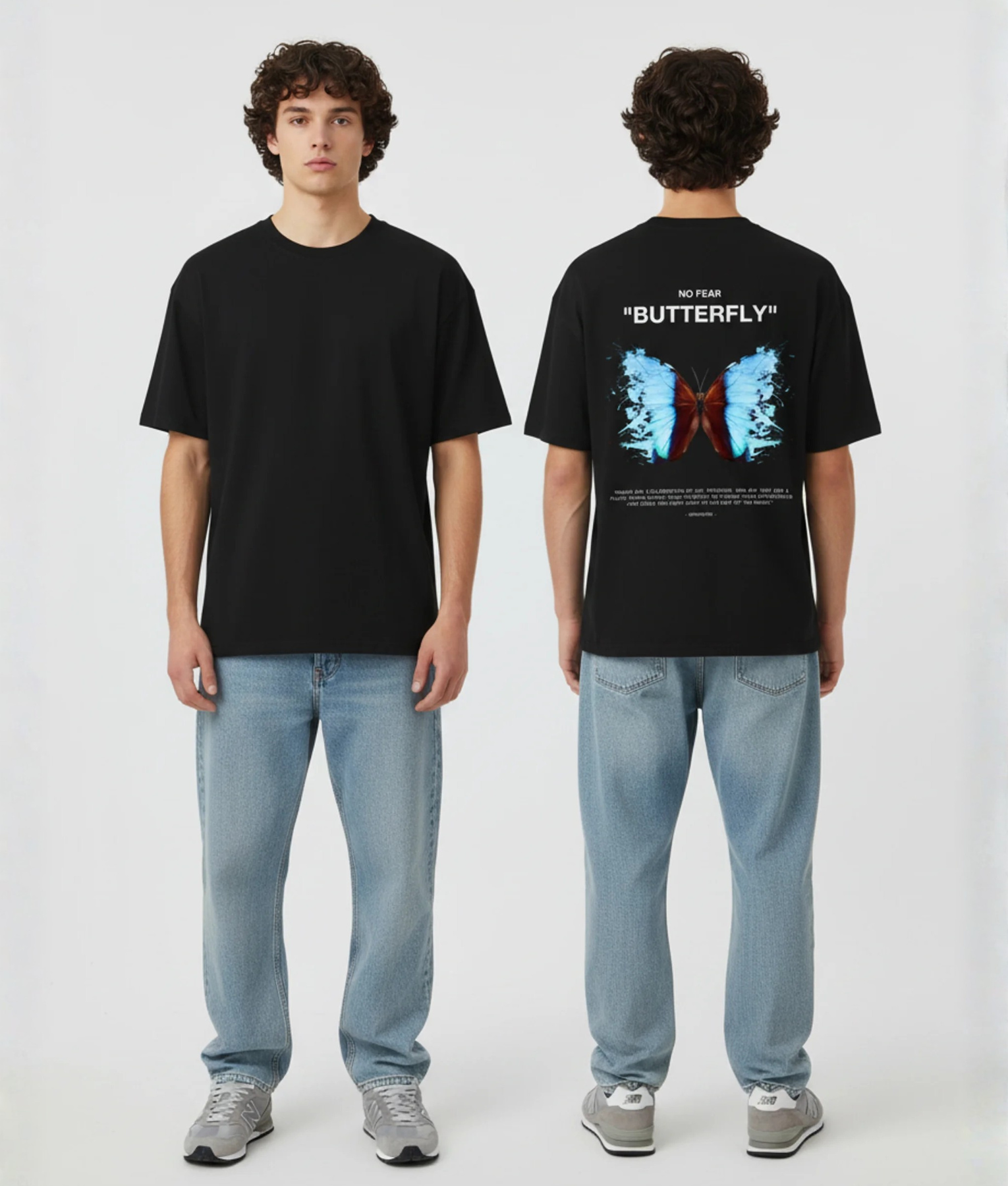 Zwart T-shirt met NO FEAR BUTTERFLY tekst, blauwe en rode vlinder illustratie met bos achtergrond op de rug