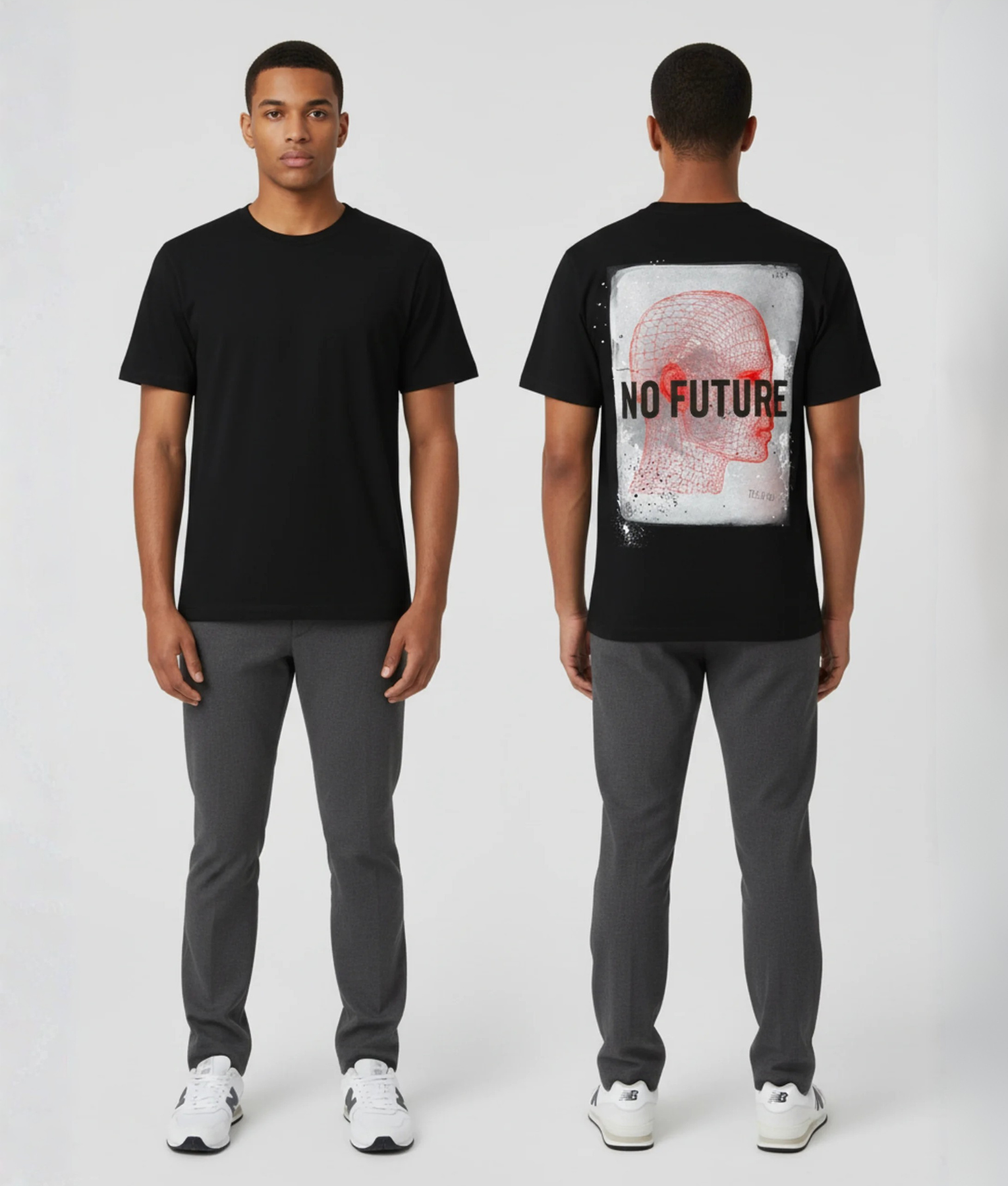 Zwart T-shirt met NO FUTURE tekst en rode wireframe hoofd illustratie op witte achtergrond in een kader op de rug