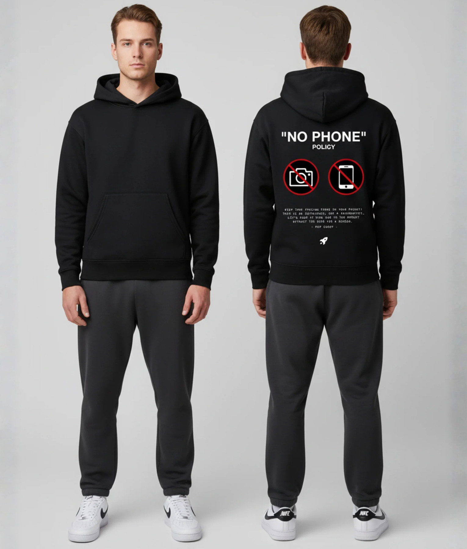 Zwarte hoodie met NO PHONE POLICY print en rode verbodsborden met camera en telefoon op de rug