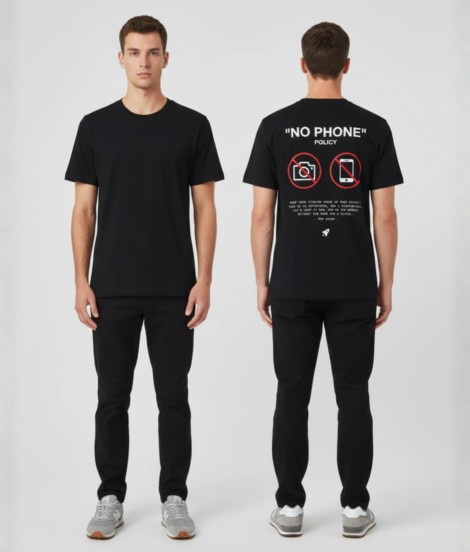 Zwart unisex T-shirt voor- en achteraanzicht gedragen door mannelijk model met No Phone Policy print en doorgestreepte camera en telefoon icoontjes op de rug