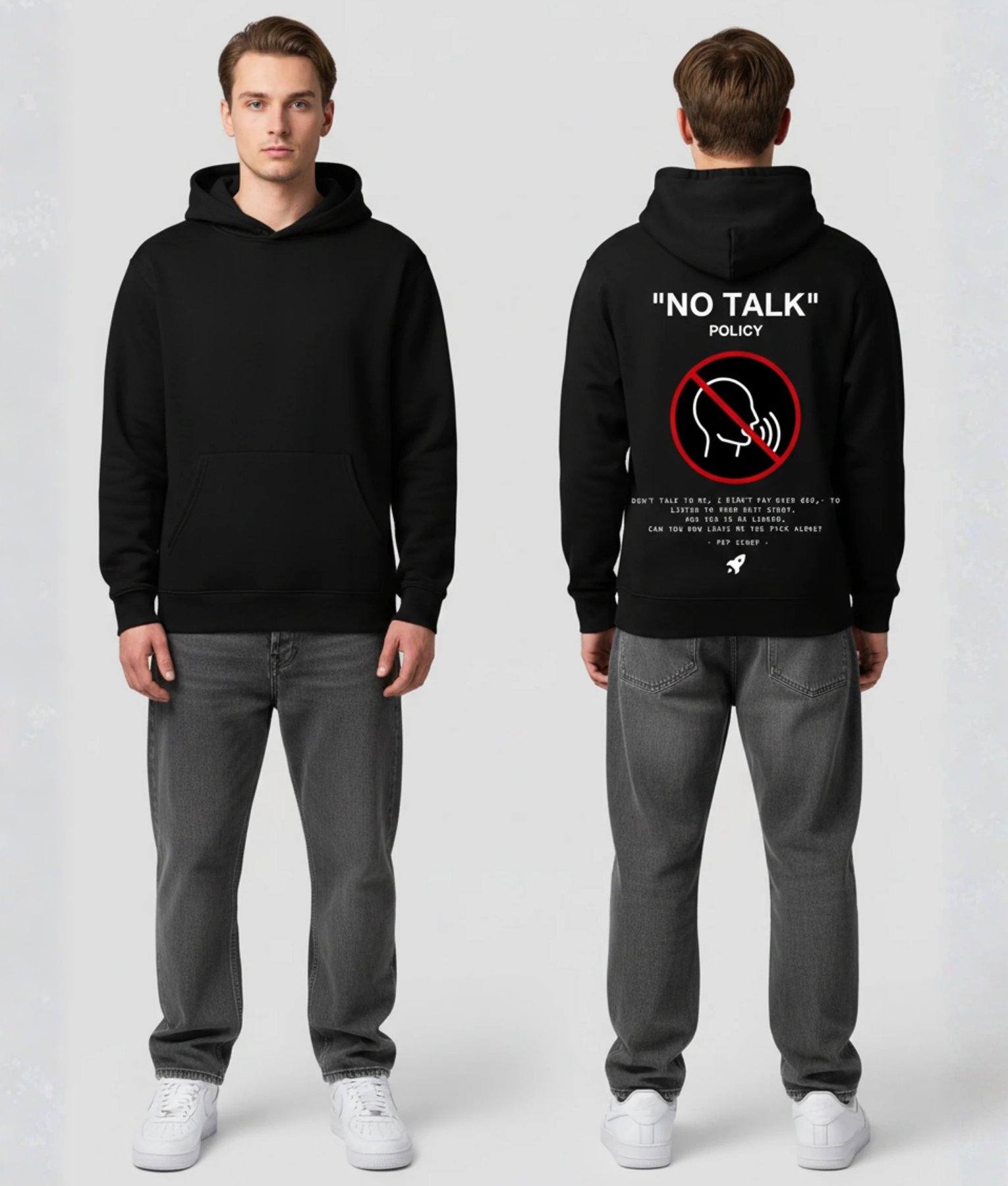 Zwarte hoodie met NO TALK POLICY print en rood verbodsbord illustratie op de rug